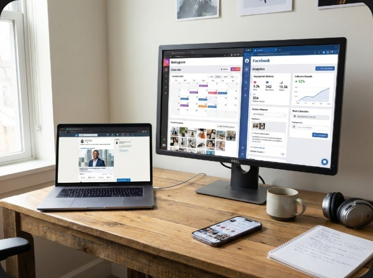 social media management analytics dashboard on laptop screen